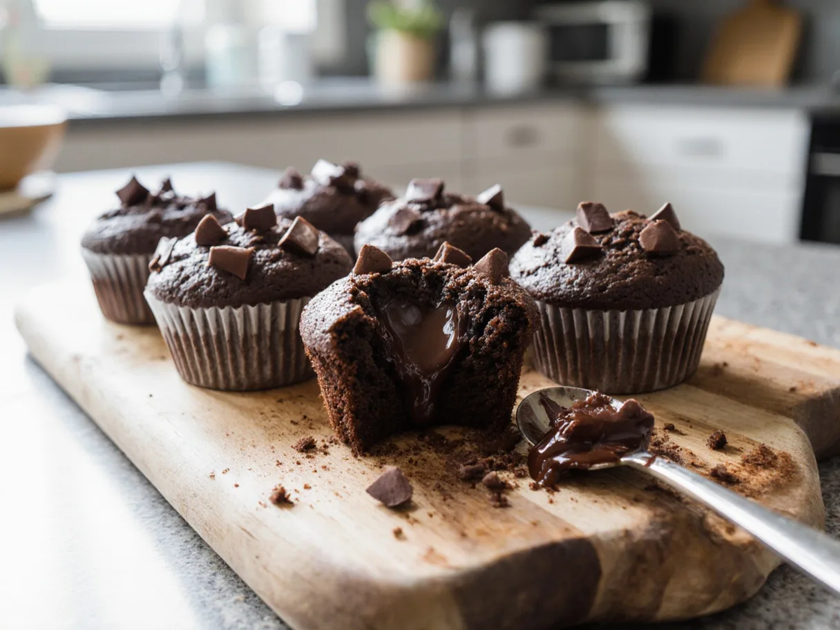 Čokoládové muffiny — vlhké vnútro, vysoký klobúčik